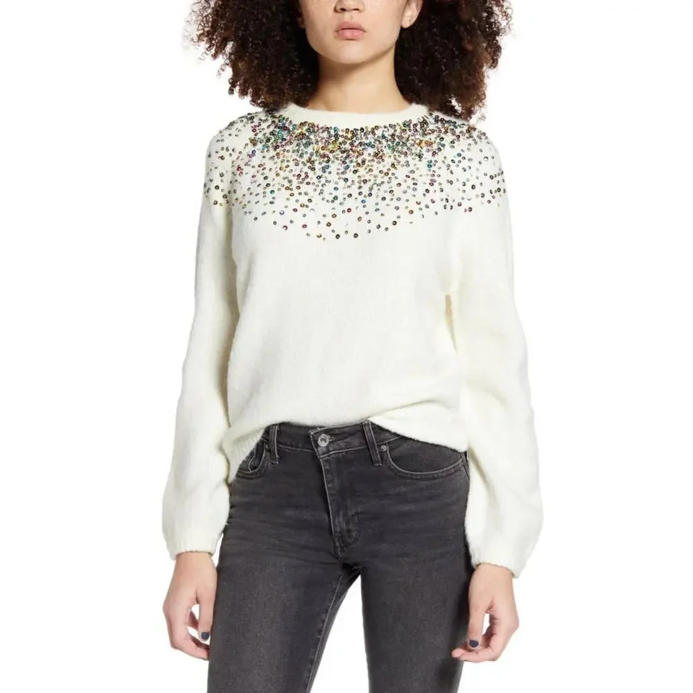 NEW Dreamers Women's Size Large Sequin Front Ivory Sweater